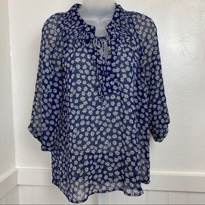 DownEast Dark Blue Boho Floral Blouse/Top EUC | S